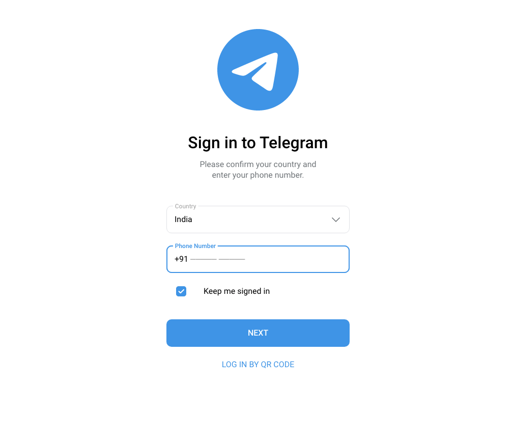 Telegram web using mobile number